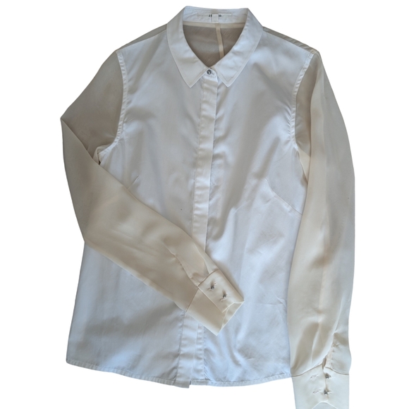 J Brand White Cotton Sheer Contrast Sleeve Blouse XS - Picture 7 of 16